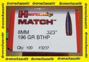 boite de 100 ogives HORNADY MATCH BTHP, 196grs, 8mm, cal 323
