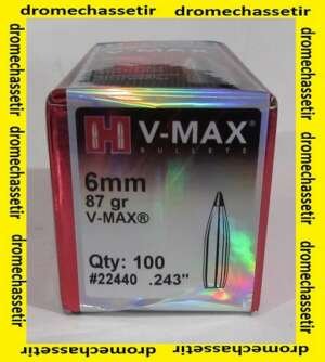 Boite de 100 Ogives Hornady Vmax 6mm, 87 grains, ref 22440