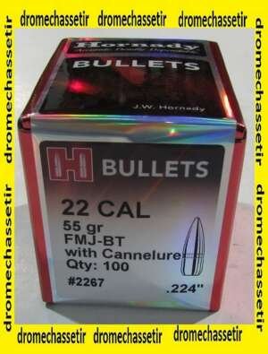 boite 100 ogives Hornady, cal 224, 55 grains FMJBT avec gorge de sertissage, ref 2267