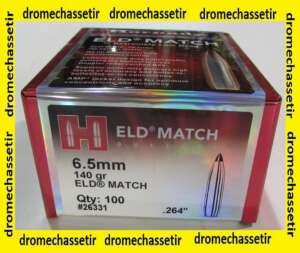 BOITE DE 100 OGIVES HORNADY , CAL 6,5MM(0.264″), 140 GRS ELD-MATCH, REF 26331