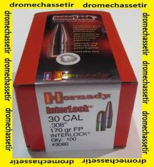 boite de 100 ogives Hornady, cal 7,62mm (0.308), Interlock FP 170 Grains, ref 3060