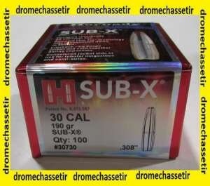 BOITE DE 100 OGIVES HORNADY SUB-X, cal 30/308 190GR, 30730