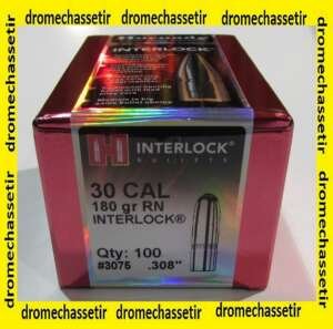 boite de 100 ogives Hornady Interlock SP round nose , cal 308 (7.62mm), poids 180grs, ref 3075