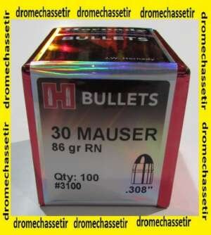 Boite 100 ogives Hornady , cal 30 MAUSER 86 grs, RN, ref 3100
