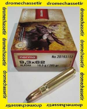 1 boite de 20 cartouches Norma, calibre 9,3x62 , Alaska 285 grains, 18,5 grammes