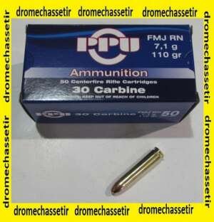 1 boite de 50 cartouches Partizan de calibre 30 carbine M1, 110 grains , FMJ RN
