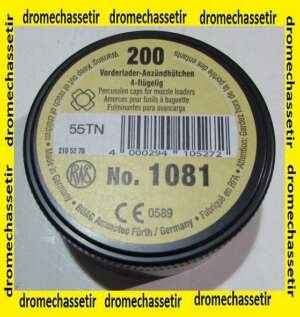 boite 200 amorces RWS poudre noire, 4 aillettes, 6,12mmde diametre, ref 1081