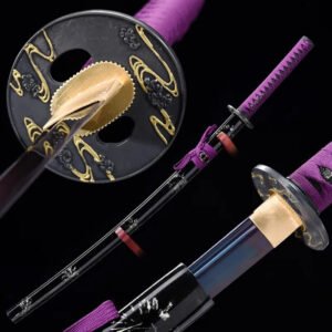 Katanas tranchant en acier carbone 1060 violet. Hamon véritable traitement argile.