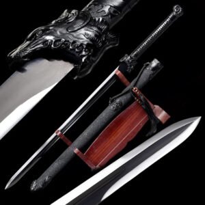 Epée chinoise, lame en acier T10 noir et motif tête de tigre