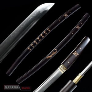 Wakizashi en ébène, Acier T10 forgée à la main et polie selon 11 procédures, durcie à l'argile, trempe à l'eau