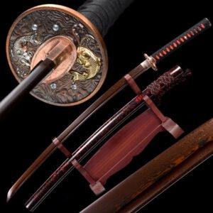 Véritable Katana Japonais en Damas rouge & noir. Sabre de coupe. Technique ancestrale de forge.