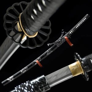 katana fonctionnel fait main japonais francais T10 noir et blanc aiguisé