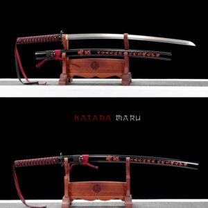 Katana en Acier Carbone 1060 Forgé à la Main - rouge & nois, saya gravé. Authentique sabre japonais tranchant