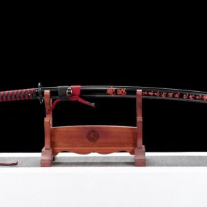 Katana en Acier T10 avec Hamon Véritable - lanière rouge et noir tombante de la poigné - 100% fait main