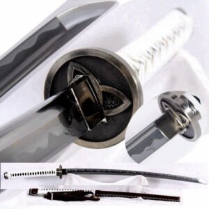 Katana de collection artisanal blanc et noir en cuir - Katana de Michonne The Walking Dead - Symbole triquetra