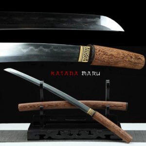 Wakizashi Shirasaya en Acier Damas Plié et Trempé à la Main, Lame à Hamon Véritable