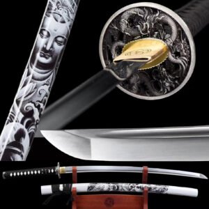 Véritable Katana Japonais, Lame Affûtée en Acier Forgé 1060, Tranchant de Combat, Peau Synthétique