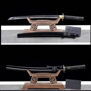 Wakizashi authentique et tranchant en acier T10, avec hamon et peau de raie véritable