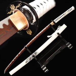 Sabre fonctionnel - Véritable Katana en Damas haute qualité (acier plié laminé). Blanc, Lame Tricolore