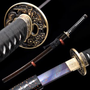 Katana en Damas (Acier plié bleu), Véritable sabre japonais fonctionnel - fait main par un maître forgeron