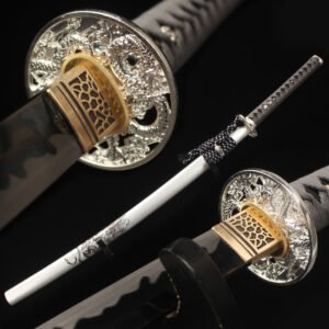 Katanas japonais avec lame noire acier T10 galvanisé fonctionnel, Dragon blanc