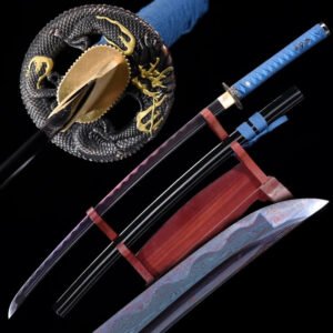 Katanas japonais lame en Damas galvanisé rouge. Dragon bleu sculpté. Hamon véritable trempé à l'agile.
