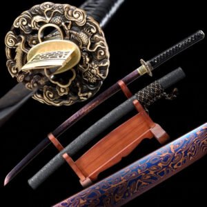 Akaho - Sabre japonais tranchant en damas rouge et bleu
