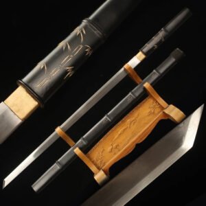Ninjato Shirasaya Bambou - Sabre droit en Damas, forgé à la main avec certificat d'authenticité